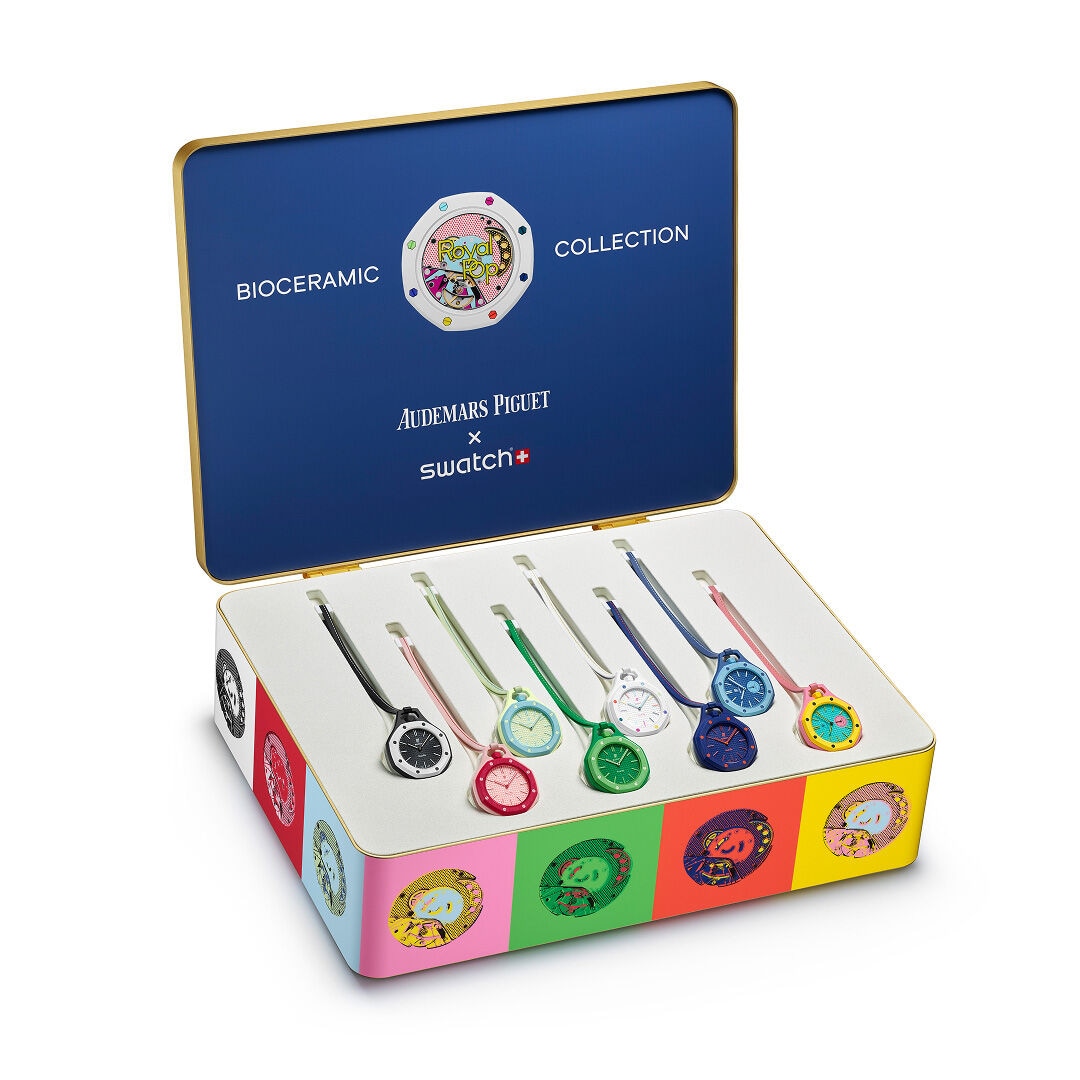 Audemars Piguet & Swatch Royal Pop presentation case — all eight Bioceramic pieces in their original box